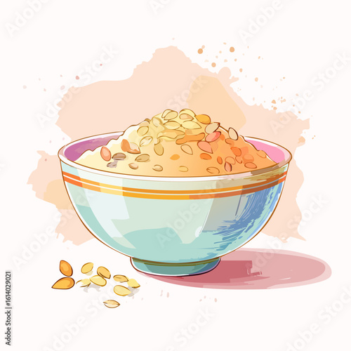 Vibrant watercolor illustration of a healthy breakfast bowl of oatmeal topped with seeds.