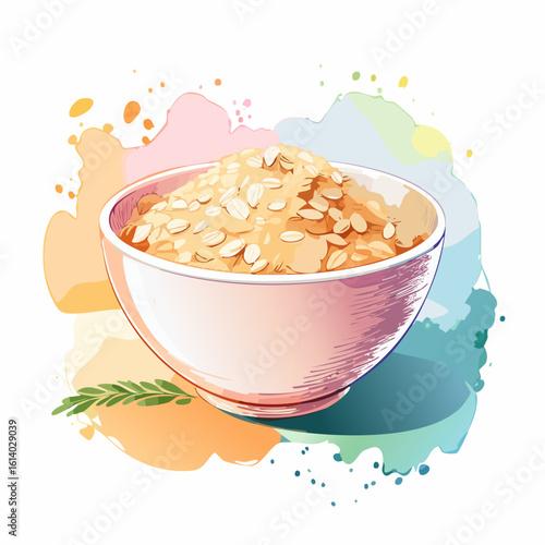 Stylized illustration of a white ceramic bowl brimming with dry rolled oats, accented by a green sprig.