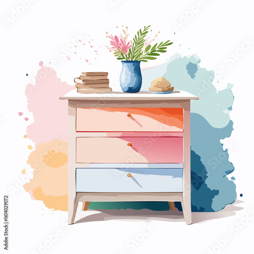 Watercolor illustration of a pastel chest of drawers with a blue vase, flowers, and books.