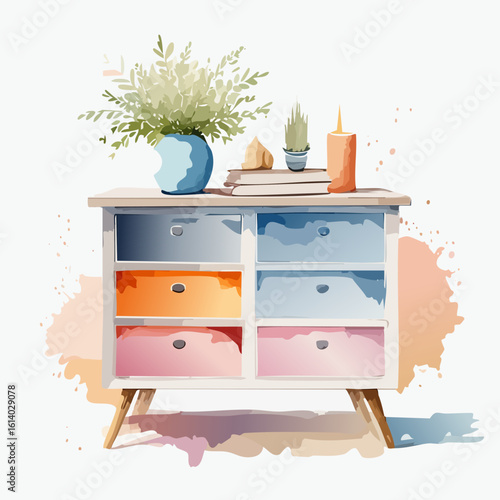 Watercolor illustration of a mid-century modern dresser with colorful drawers and decorative objects.