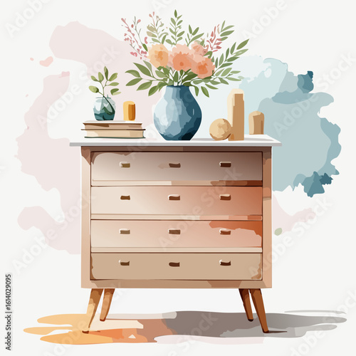 Watercolor illustration of a wooden chest of drawers with a floral bouquet in a blue vase, books, and decorative objects.