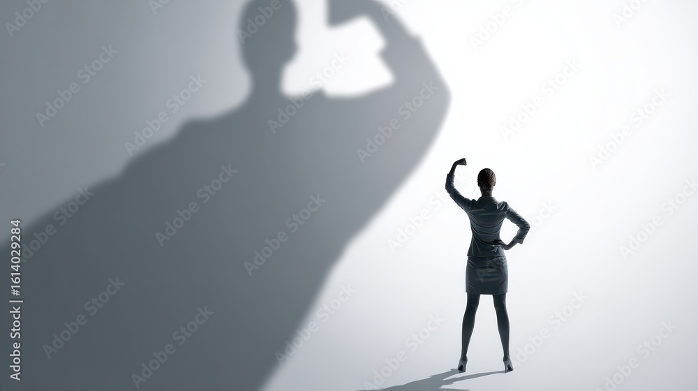 Obraz premium Victory, success and strong woman concept with confident businesswoman on her white shadow with powerful human silhouette background, no logos, no brands