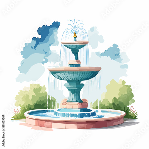 Classic three-tiered stone fountain with cascading water, watercolor style.