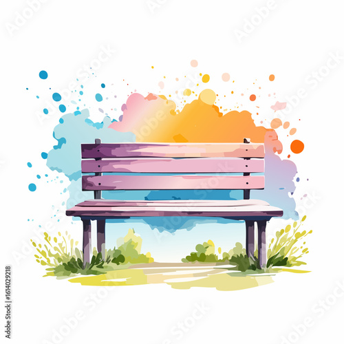 Vibrant watercolor illustration of a pink wooden park bench with colorful abstract splashes.