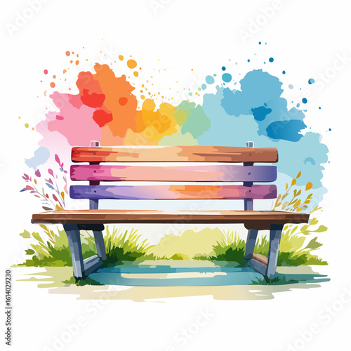 Artistic watercolor park bench with a vibrant, rainbow-colored backrest and colorful splashes.