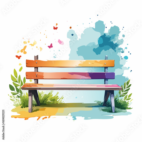 A vibrant, multi-colored wooden park bench illustrated in a loose watercolor style.