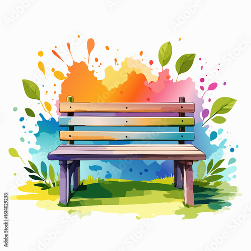 Stylized wooden park bench with colorful slats and green leaves, rendered in a vibrant watercolor style.