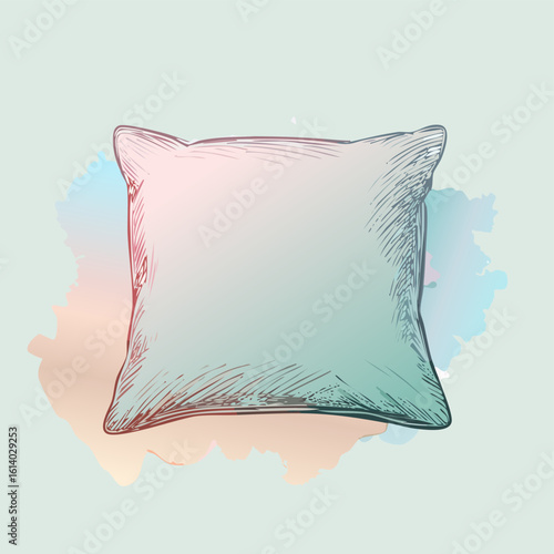 Colorful hand-drawn sketch of a soft, plush square pillow with gradient shading.
