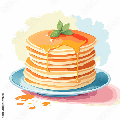 A delicious stack of golden pancakes with dripping syrup and a fresh mint sprig garnish, served on a blue plate.