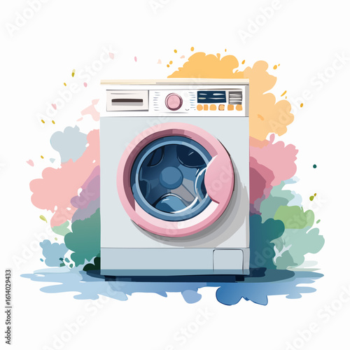 Modern front-load washing machine with a pink door and blue drum, in a clean, stylized illustration.
