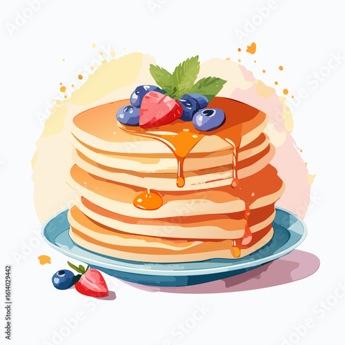 A delicious stack of golden pancakes with dripping syrup, fresh blueberries, a strawberry slice, and a mint sprig on a blue plate.