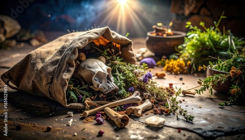 Mysterious arrangement of herbal ingredients and anatomical elements, including human skull and bones spilling from a rustic pouch, evoke a sense of historical practices, alchemical experiments.