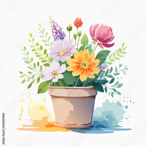 Vibrant watercolor bouquet of mixed flowers in a simple terracotta pot with artistic splashes.
