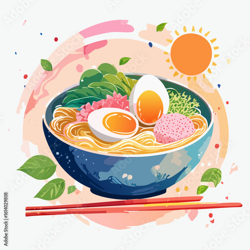 Vibrant illustration of a Japanese ramen bowl with soft-boiled eggs, greens, and red chopsticks.