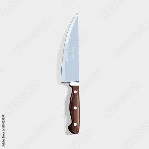 Classic chef's knife illustration with a dark brown wooden handle, three rivets, and a sharp steel blade.