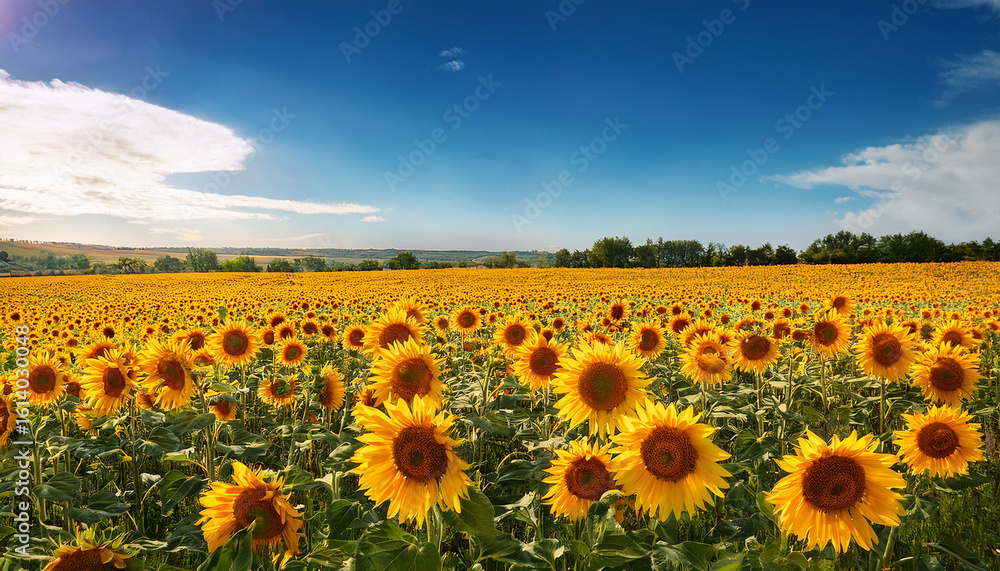 Fototapeta premium sunflower field in full summer bloom with bright yellow petals against clear blue sky creating cheerful agricultural landscape perfect for seasonal content summer agriculture and rural countryside