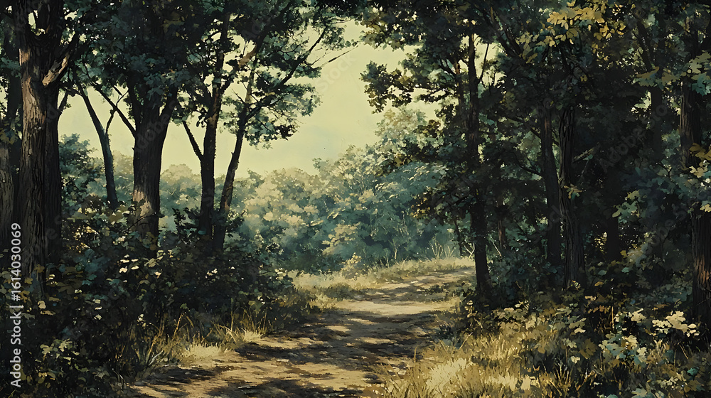 Fototapeta premium A sunlit path meanders through a dense, verdant forest. Tranquil scene of trees, foliage, and shadows