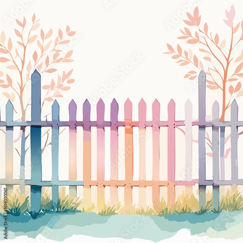 Whimsical pastel picket fence painted in soft watercolor shades of blue, pink, and purple.