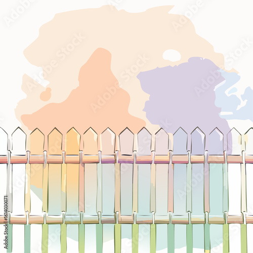 Charming white picket fence with pointed slats and a dreamy, artistic watercolor texture.