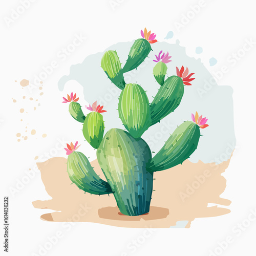 Stylized watercolor prickly pear cactus with vibrant pink and red blossoms.