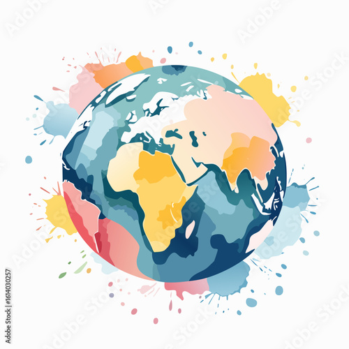 Artistic watercolor globe of Planet Earth with colorful paint splatters in blue, yellow, and pink.