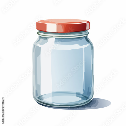 Empty glass jar with a red screw-top lid, illustrated in a clean, watercolor style.
