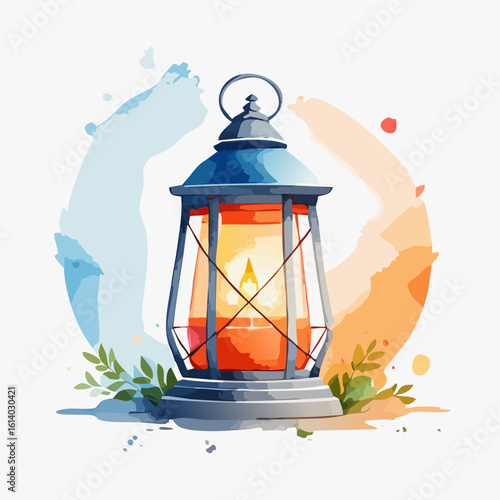 Vintage blue metal lantern with a glowing candle flame, illustrated in a watercolor style.