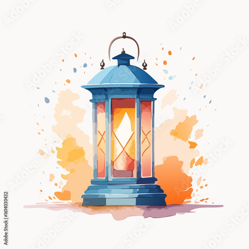 Blue watercolor lantern with a warm, glowing candle flame and artistic color splashes.