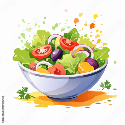 Vibrant watercolor illustration of a fresh vegetable salad in a white bowl with tomatoes, onions, and olives.
