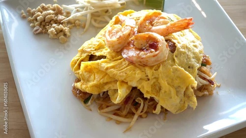 Delicious pad thai with shrimp served on a white plate