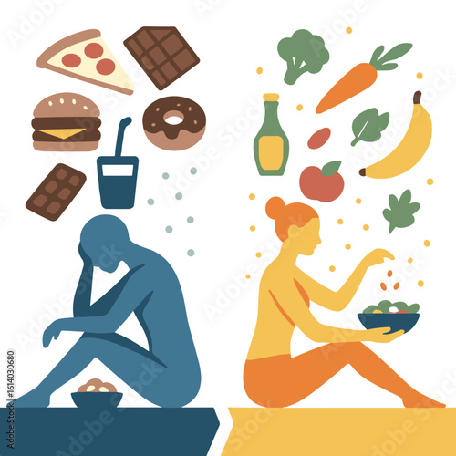 Unhealthy vs healthy food choice in flat style, bold contrasting tones, emotional impact and mindful eating concept