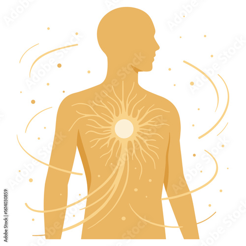 Human silhouette with glowing energy center in flat style, golden tones, vitality and inner strength concept