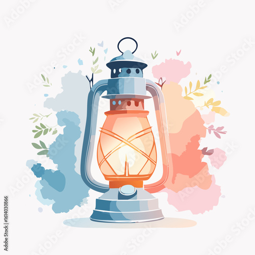 Vintage blue lantern with a warm glowing light, illustrated in a soft watercolor style.