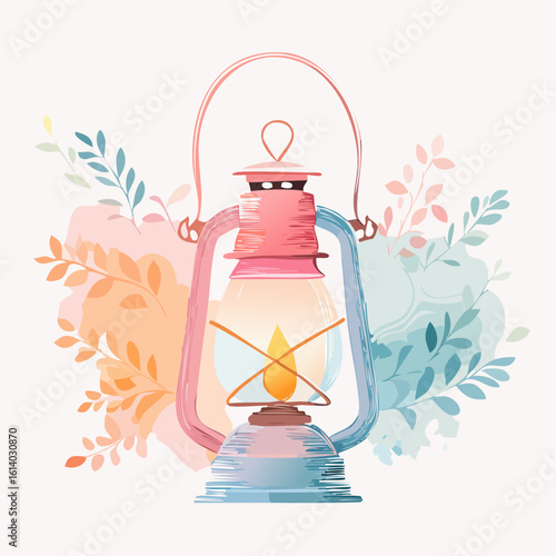 Artistic watercolor illustration of a vintage pink and blue kerosene lantern with a glowing flame.