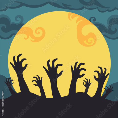 Zombie Hands Rising Moon Silhouette