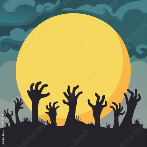 Zombie Hands Rising Moon Silhouette