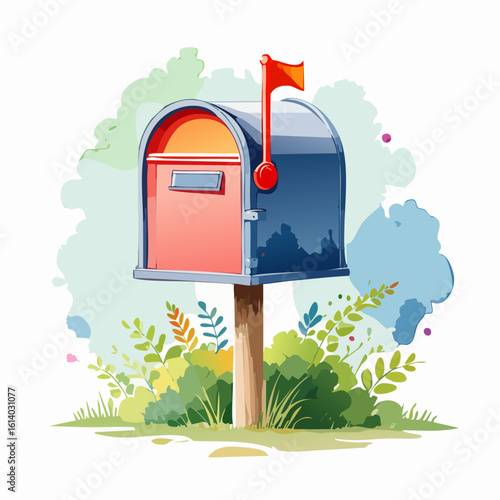 Watercolor illustration of a classic blue and red mailbox on a wooden post with its red signal flag raised.