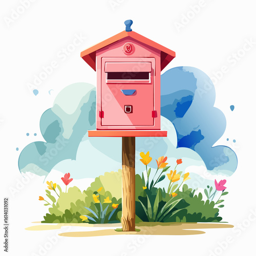 Charming pink house-shaped mailbox with a red roof, on a wooden post amidst flowers.