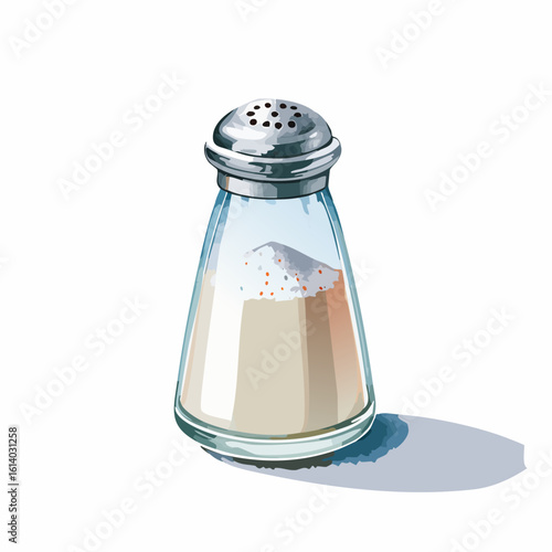 Classic glass salt shaker with a perforated metal lid, illustrated with a distinct shadow and filled with salt.
