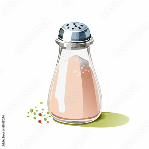 Illustrated glass salt shaker with pink Himalayan salt and a shiny perforated metal lid.