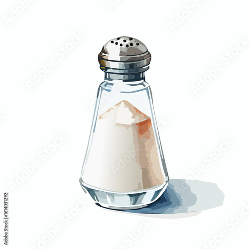 A classic glass salt shaker with a perforated metal lid, illustrated in a stylized, painterly manner.