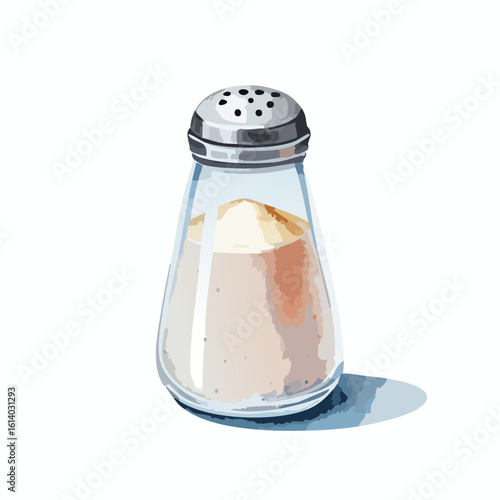 Illustrated classic glass salt shaker with a shiny perforated metal lid.