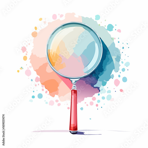 Artistic watercolor magnifying glass with a red handle, silver frame, and colorful lens reflections.
