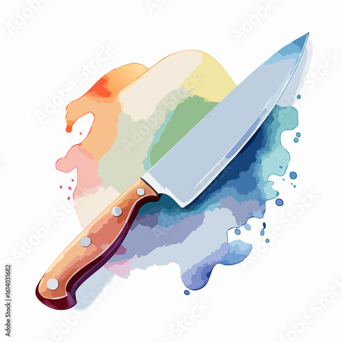 Stylized chef's knife with a riveted wooden handle and sharp steel blade in a colorful watercolor splash style.