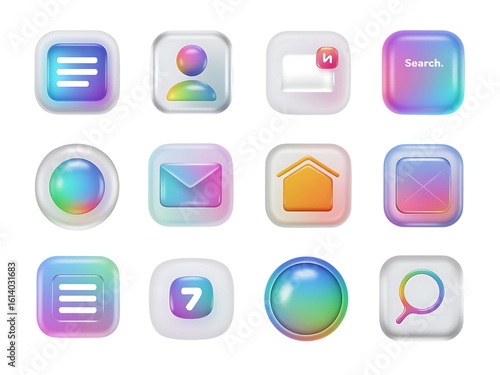 Ten Glassmorphic U I Icons Pastel Rainbow Colors isolated on a transparent background