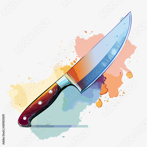 Stylized illustration of a chef's knife with a riveted wood handle and a colorful reflective blade.