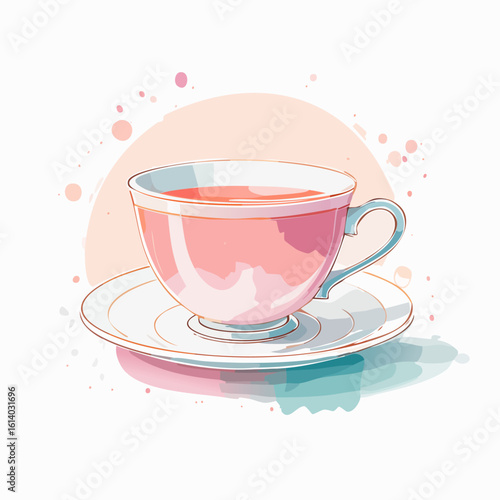 Elegant pink teacup and saucer with tea, rendered in a delicate watercolor style with soft color splashes.