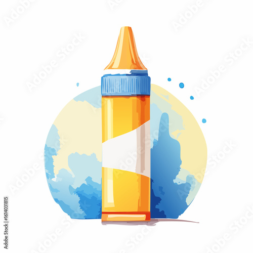 Vibrant yellow wax crayon with a blue band and blank white label, in a stylized watercolor illustration.