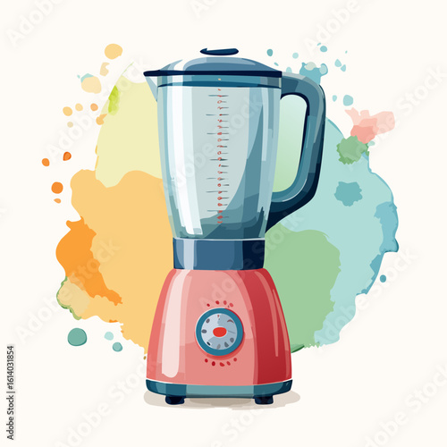 Retro-style red electric blender with a transparent glass pitcher, blue lid, and control dial.