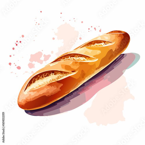 Artistic watercolor illustration of a crusty golden French baguette with classic diagonal scoring.